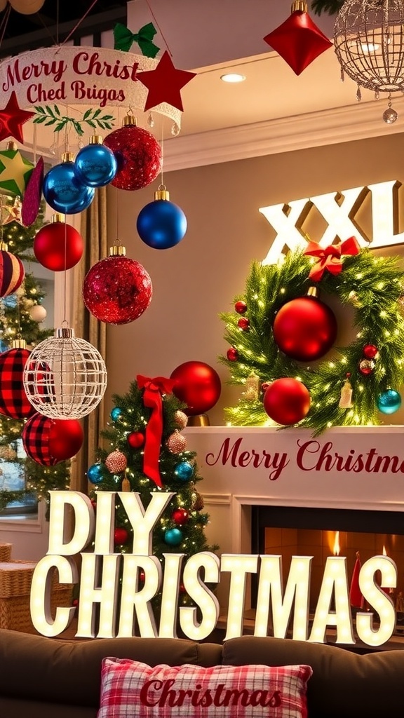 A cozy living room decorated with oversized Christmas ornaments, a giant wreath, and a large 